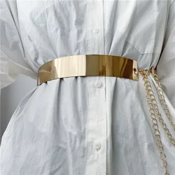 New Women Adjustable Metal Designer Belt Fashion Ladies Dress Luxury Bling Gold Silver Mirror Vintage Waistband with Waist Chain
