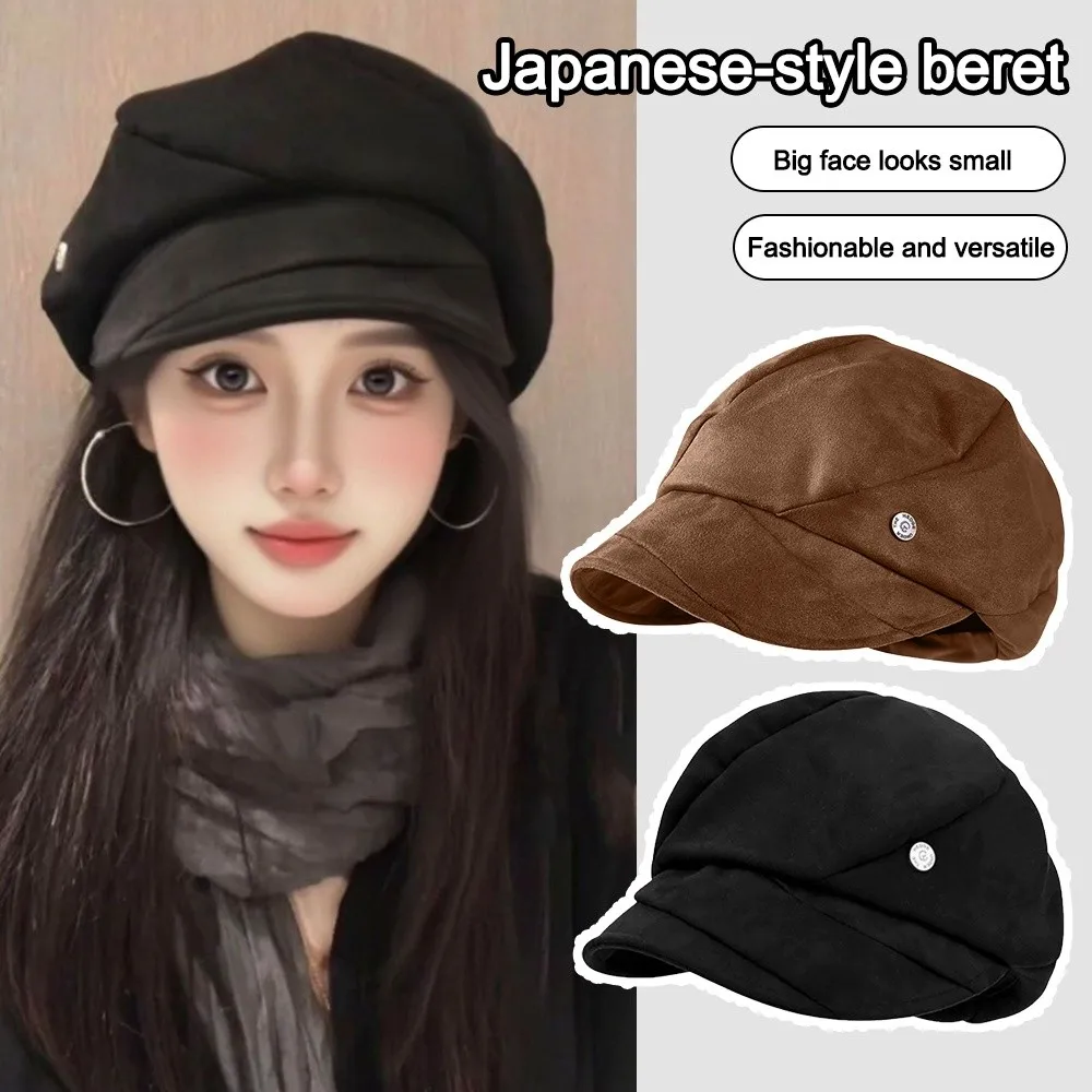 

Trendy Bla Suede Beret Hat Large Head Circumference Windproof Octagonal Cap Adjustable Breathable Newsboy Hats Autumn and Winter