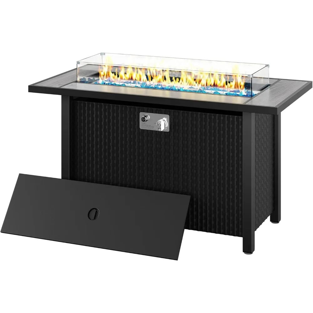 

45 Inch Outdoor Gas Fire Pit Table with 50,000 BTU, Glass Wind Guard, and Blue Glass for Patio Use