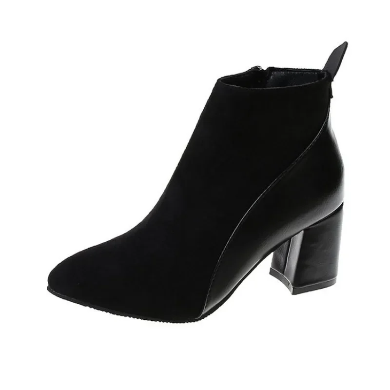 2026 Autumn/Winter Women Ankle Boots Pointed Fashion Short Boots Suede Panel Side Zipper Thick Heels Women\'s Shoes Large 44