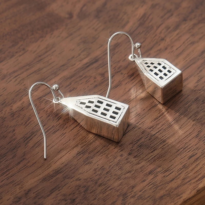 خمر بسيط فضي اللون المعادن نحت البيت تصميم نمط استرخى أقراط للنساء مجوهرات #6