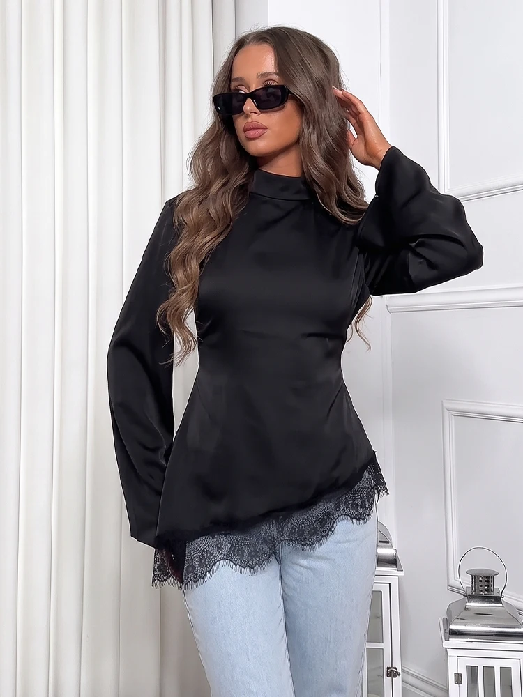 HH Damen Elegantes Schwarzes Spitzen-Oberteil mit Langen Ärmeln, Asymmetrischem Saum und Stehkragen, Frühjahr-Herbst Mode Streetwear 202