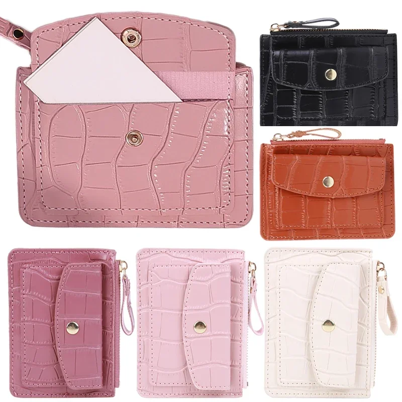 Women Short Hand-held Wallet Simple PU Leather Multi-Slot Zipper Keychain Small Card Bag Holder Crocodile Pattern Coin Purses