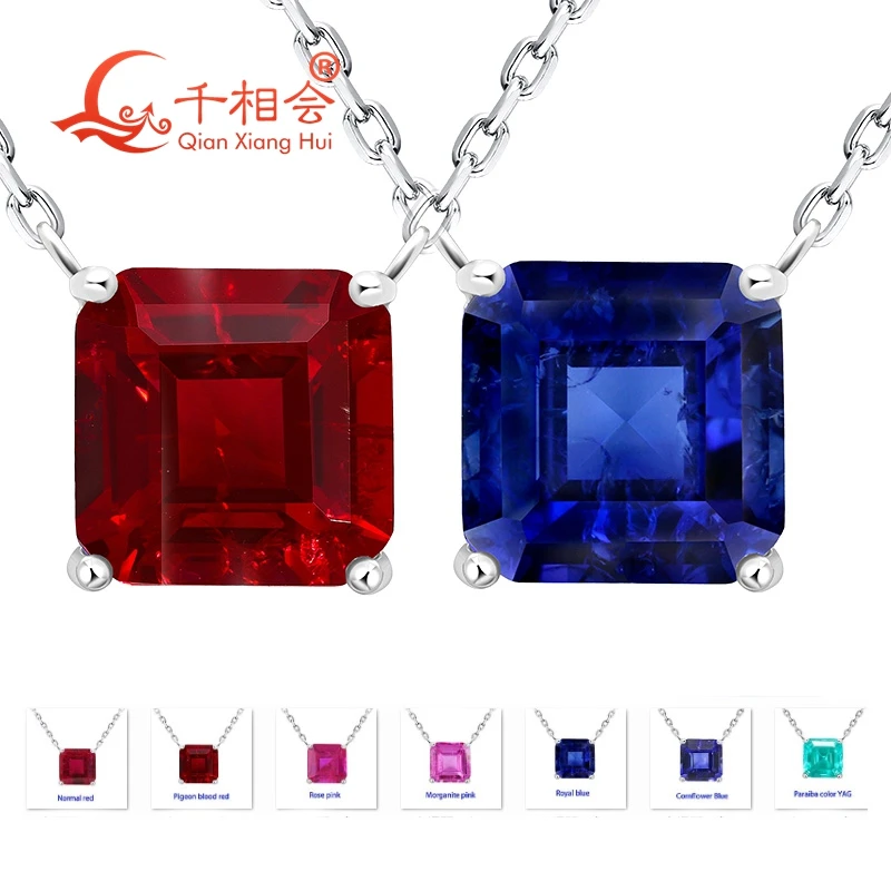 

S925 silver asscher 6.5ct 10mm Pigeon blood red / pink royal blue lab grown ruby sapphire inclusions Jewelry Pendant Necklace