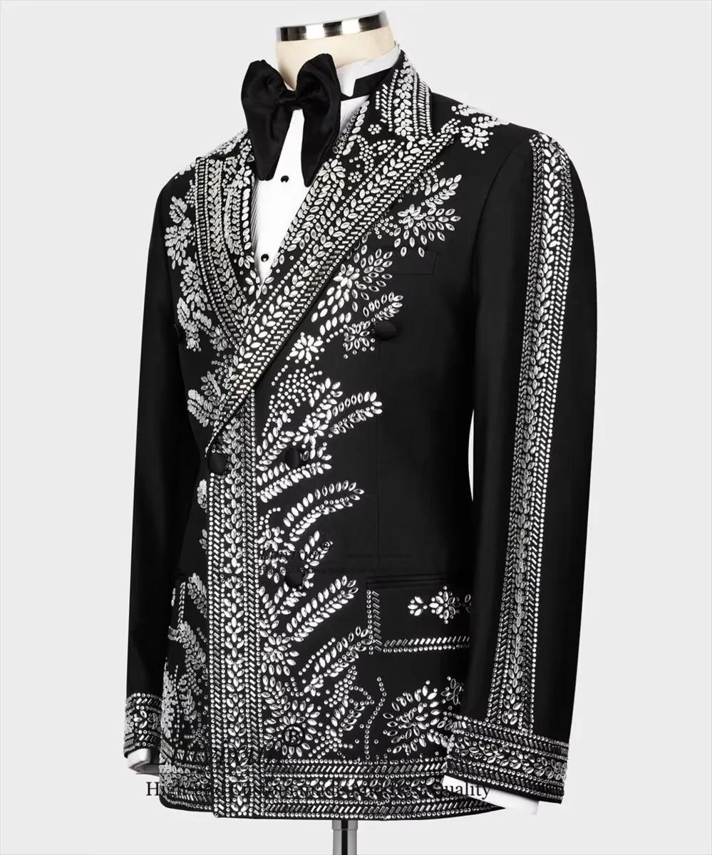 Luxury Customized Men's 2 Piece Tuxedo Slim Fit One Button Beaded Crystals High Quality for Business Wedding Groom