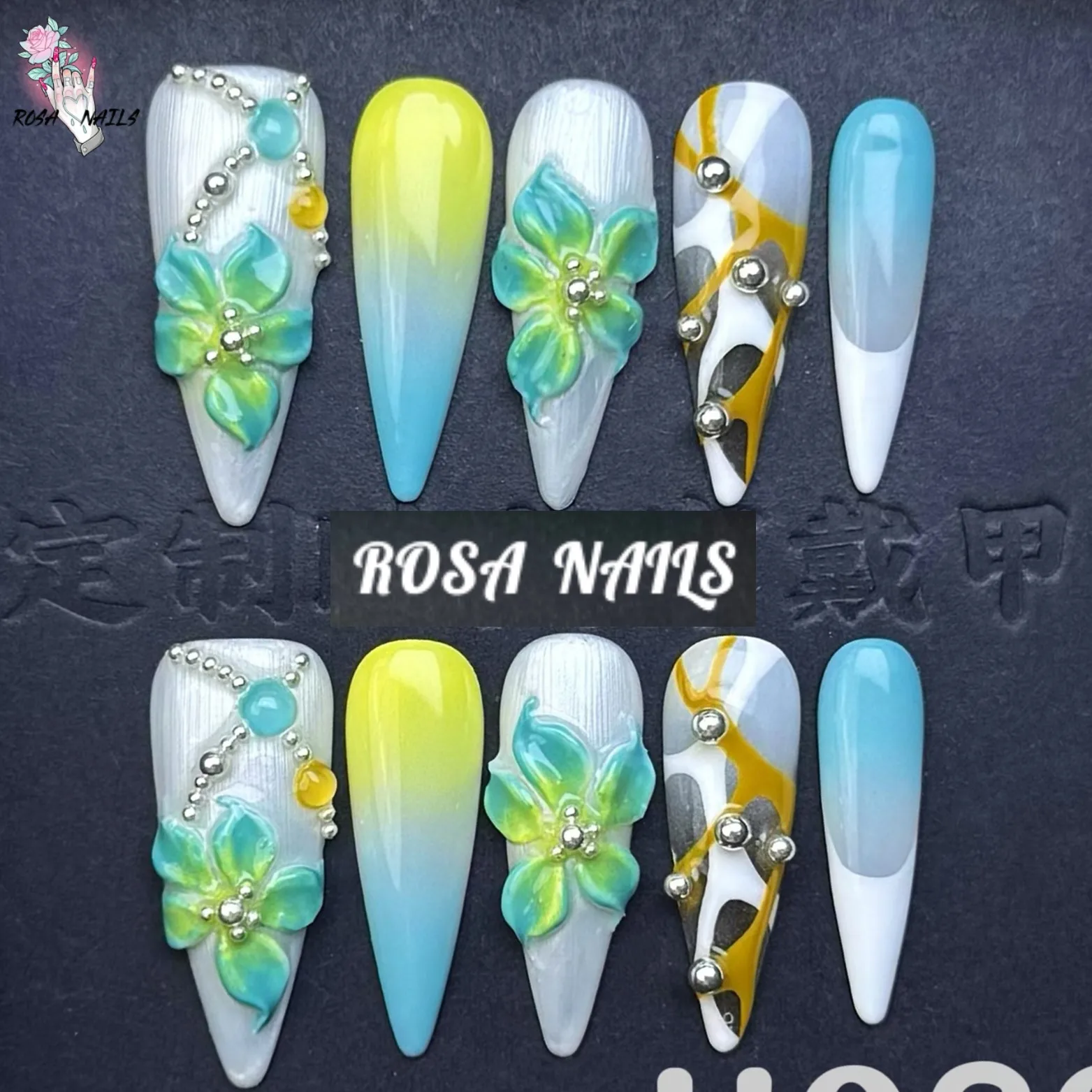 

10pcs Punk Style Press On Nails Handmade Long Stiletto Nail Flowers Y2k Fake Nail Tips Pressons Green Blue 3D Flower False Nails