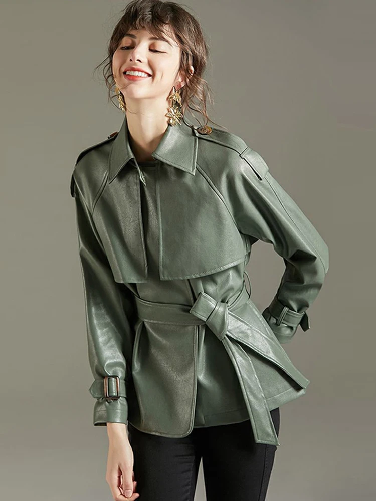 FTLZZ 2022 Spring Autumn Lapel Faux Leather Jacket Women Green PU Coat Simplicity Loose Jackets Office Lady Outwear with Belt