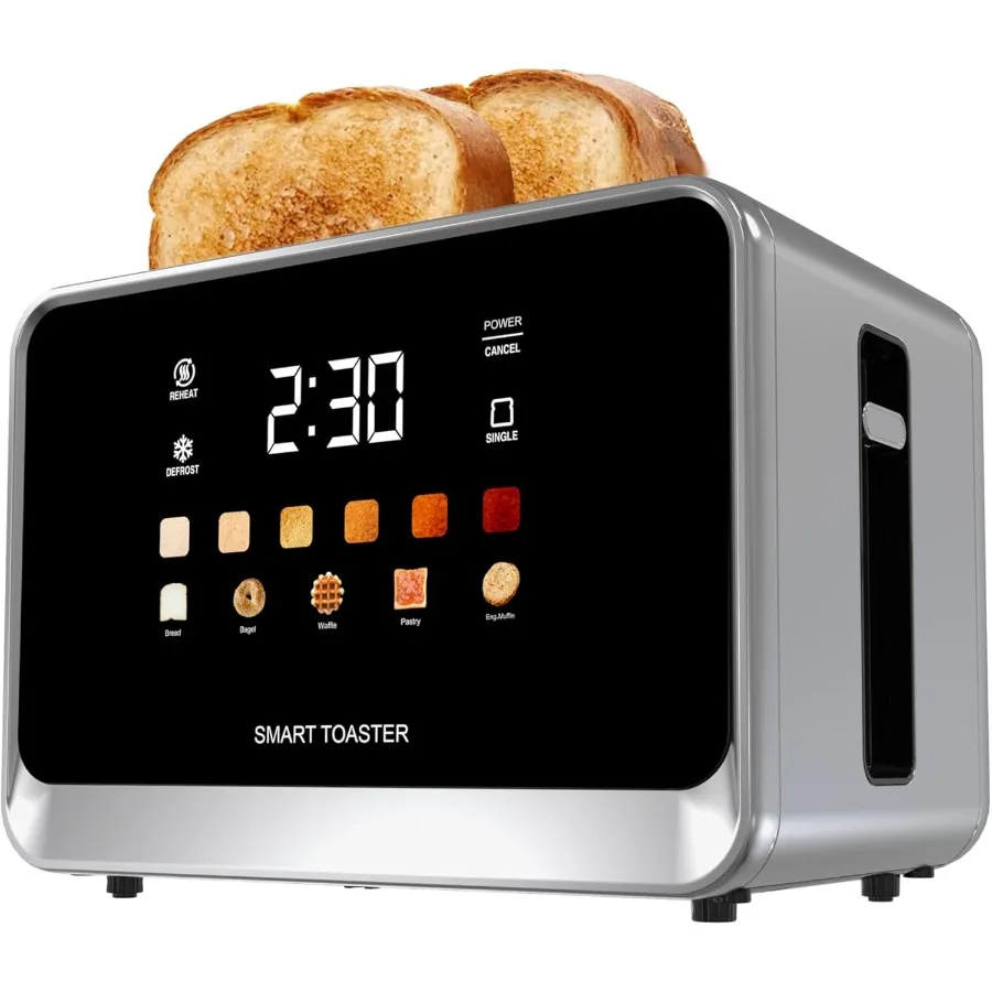 

Умный тостер на 2 тоста с ЖК-сенсорным экраном, из нержавеющей стали, с цифровым таймером, сверхширокими слотами для 6 видов хлеба и 6 уровней обжарки