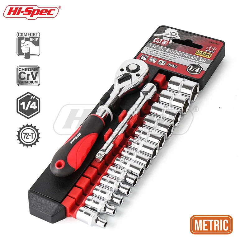 

Hi-Spec 15pc 1/4 Metric Socket Wrench CR-V Drive Bike Torque Wrench Spanner Set Mini Ratchet Wrench Set Auto Repair Tools 4-14mm