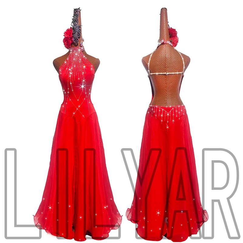 New Modern Dance Skirt Competition Performance Adult Female Red Sleeveless Large Swing Long Backless Diamond Dance Skirt