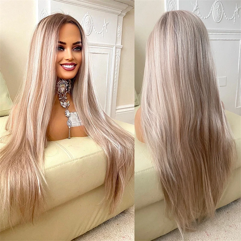 Synthetic Lace Front Wigs for Women Ombre Ash Blonde Straight Wig For Women Heat Resistant Natural Looking Middle Part Hairline