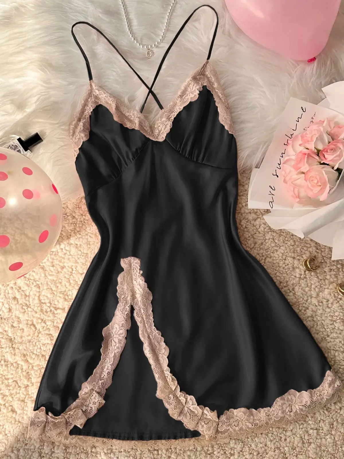 Women's Sexy Fashion V-Neck Sleep Dress Lace Trim Crisscross Back Nightgown  Loungewear - AliExpress 200574005