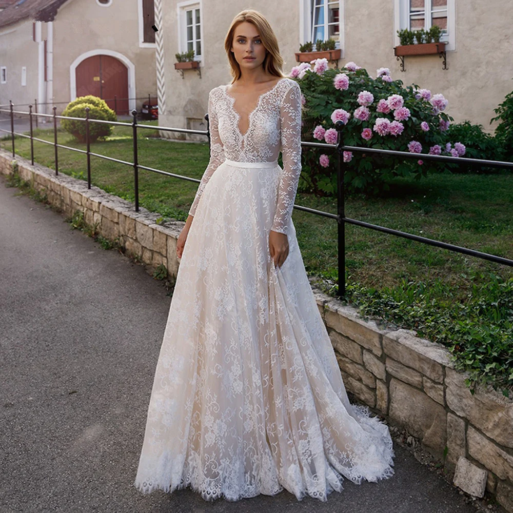 Romantic Women Wedding Dresses Luxurious V-Neck Flower Lace Print Bride Gowns High Quality Floor Mopping Women Vestidos De Novia