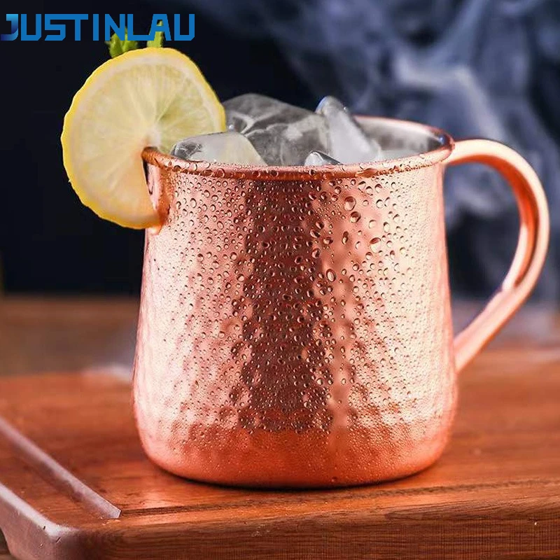 JUSTINLAU - Juego de 2 Tazas Moscow Mule de 500 ml, Acero Inoxidable 304, Color Oro Rosa, Acabado Martillado, para Cócteles, Whisky y Licores