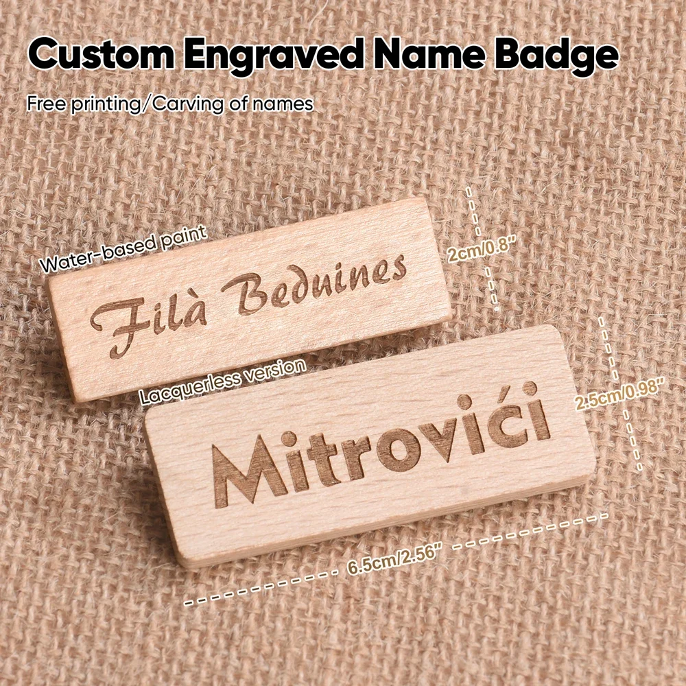 60*20 مللي متر دبابيس مجانية قابلة للتخصيص دبوس لوحة معرف الأعمال علامة خشبية شارات اسم مخصصة شعار نص محفور شخصي مجاني