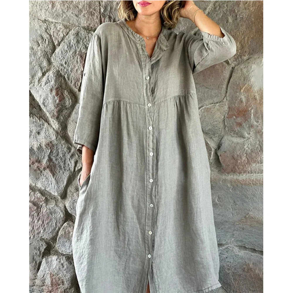 

New cotton linen solid color casual seven-quarter sleeve stand-up collar single-breasted button long dresses