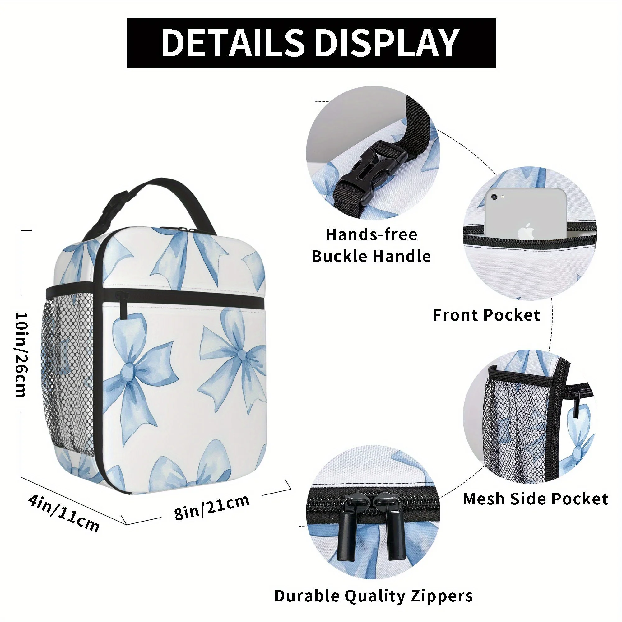 1pc, Blue Bows Pattern Design Printed Thermal Bag, Insulated Bag, No Food Contact, Suitable for Home, Restaurant, Office, Unisex