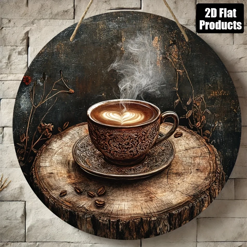 2D Flat, 1pc Vintage Coffee-Themed Round Wooden Wall Art, 8x8 Inch Recycled Wood Decorative Plaque for Bar, Kitchen, Cafe, Home,