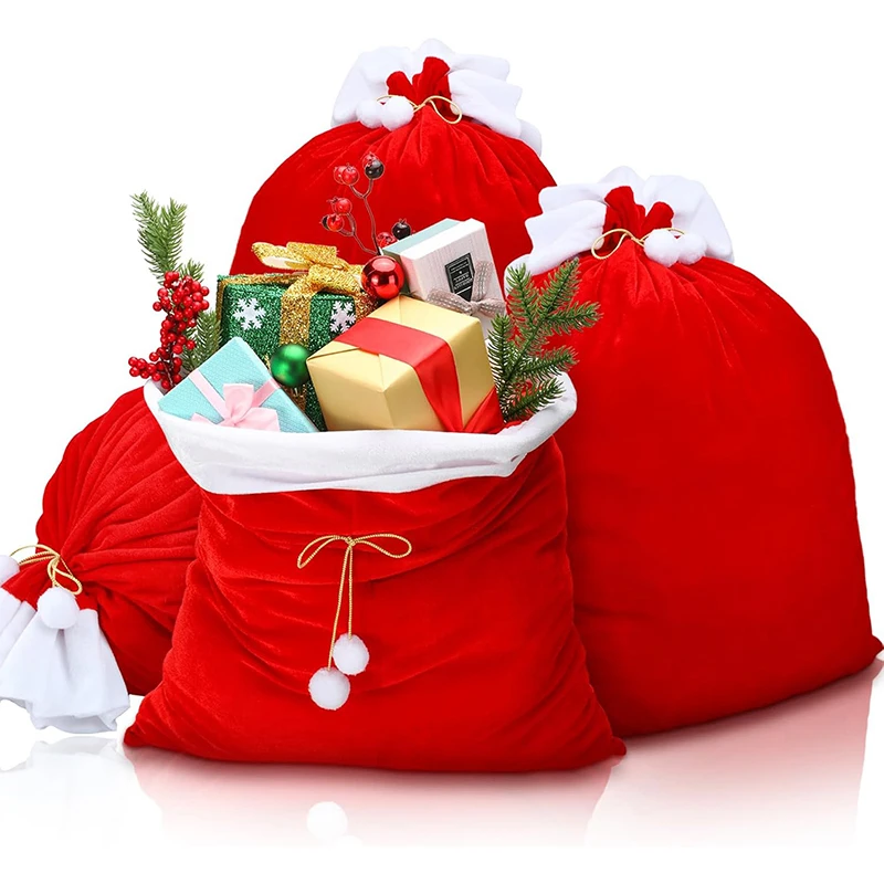 Christmas New Year Holiday Gift Bag Daily Storage Bundle Bag Santa Red Velvet Bag with with Pompom 70x50cm Large Storage Bag