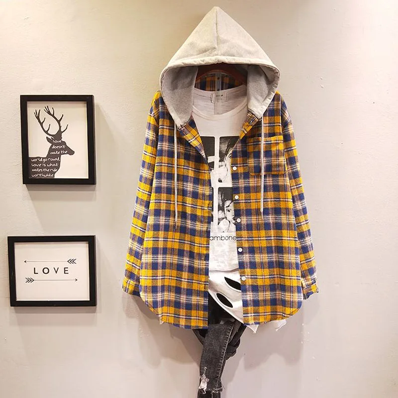 2023 Spring and Autumn Women\'s Fashion Commuter Hooded Plaid Shirt Mid Length Spliced Cotton Shirt Versatile Comfortable Coat