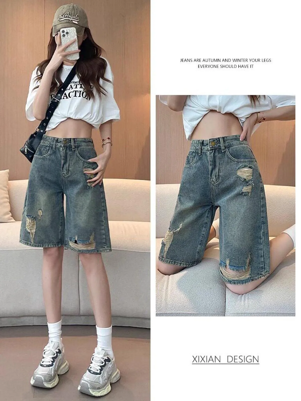 Ripped Hole Denim Shorts for Women Five-point Summer Thin High Waist A-line Loose Slim Retro Wide-leg Mid-length Short Pants