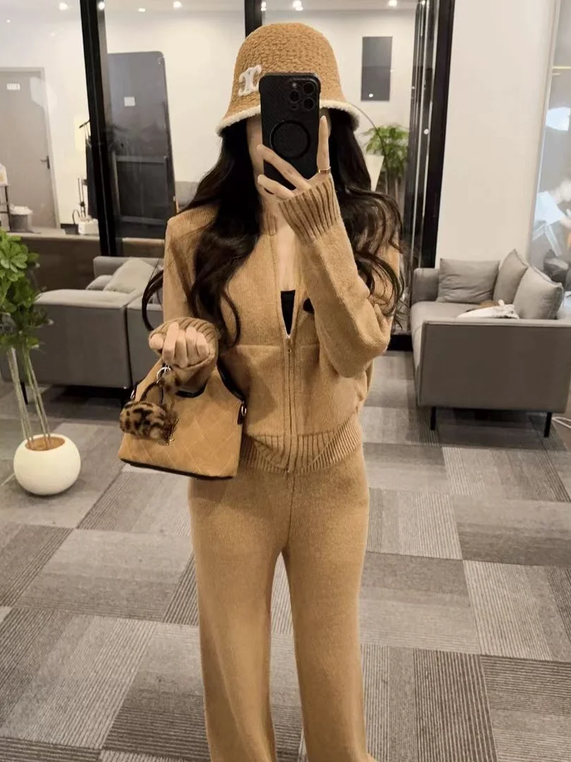 

Женская шикарная трикотажная куртка и широкие брюки, комплект из двух предметов, зима-осень, свободная посадка, повседневная одежда с высокой талией, термовоя