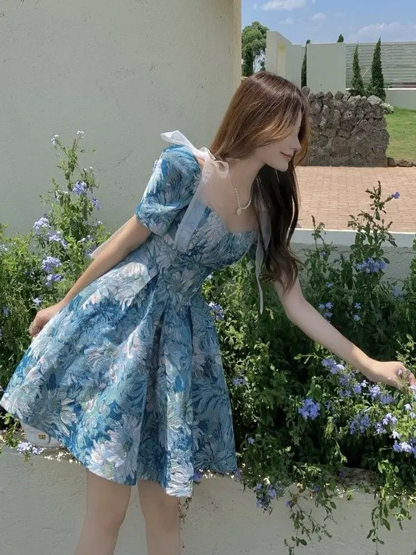 Unique Beautiful Oil Painting Short Sleeve Princess Dress Women's Summer New Style V-neck  Knot French Style Dress
