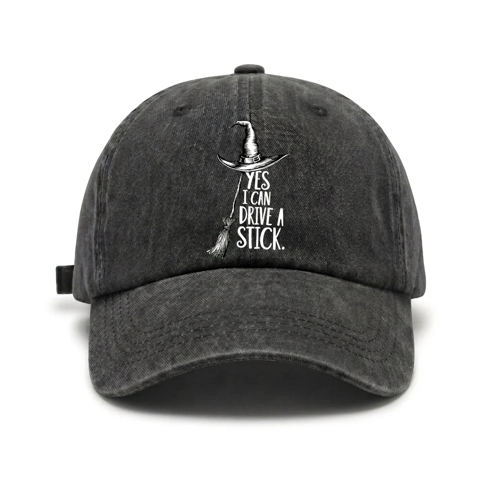 Vintage Washed Drive a Stick Witch Quote Baseball Cap, Adjustable Unisex Dad Hat, Funny Halloween Party Gift