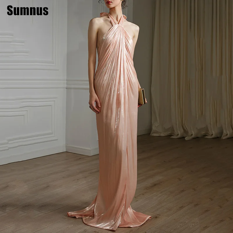 

Sumnus Glossy Mermaid Prom Dress Halter Sleeveless Backless Draped Maxi Evening Dress Gala فساتين سهرة Customized