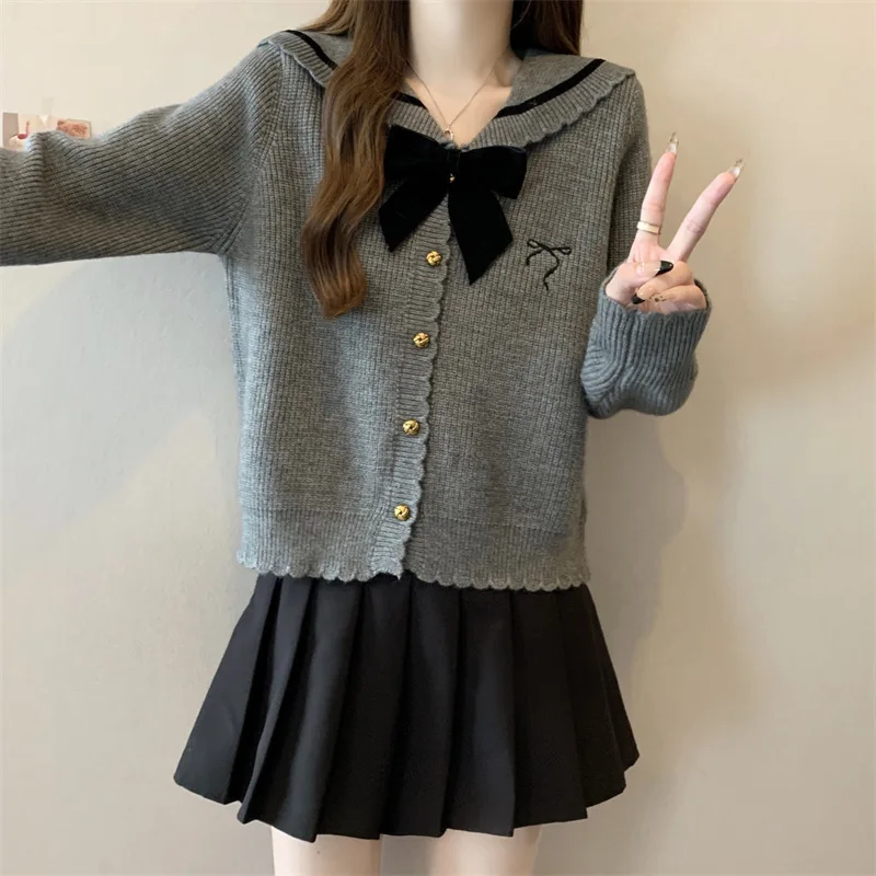 Doce camisola de malha cardigan casaco gola marinha nó macio plus size faculdade sle primavera outono thiened cordeiro veludo