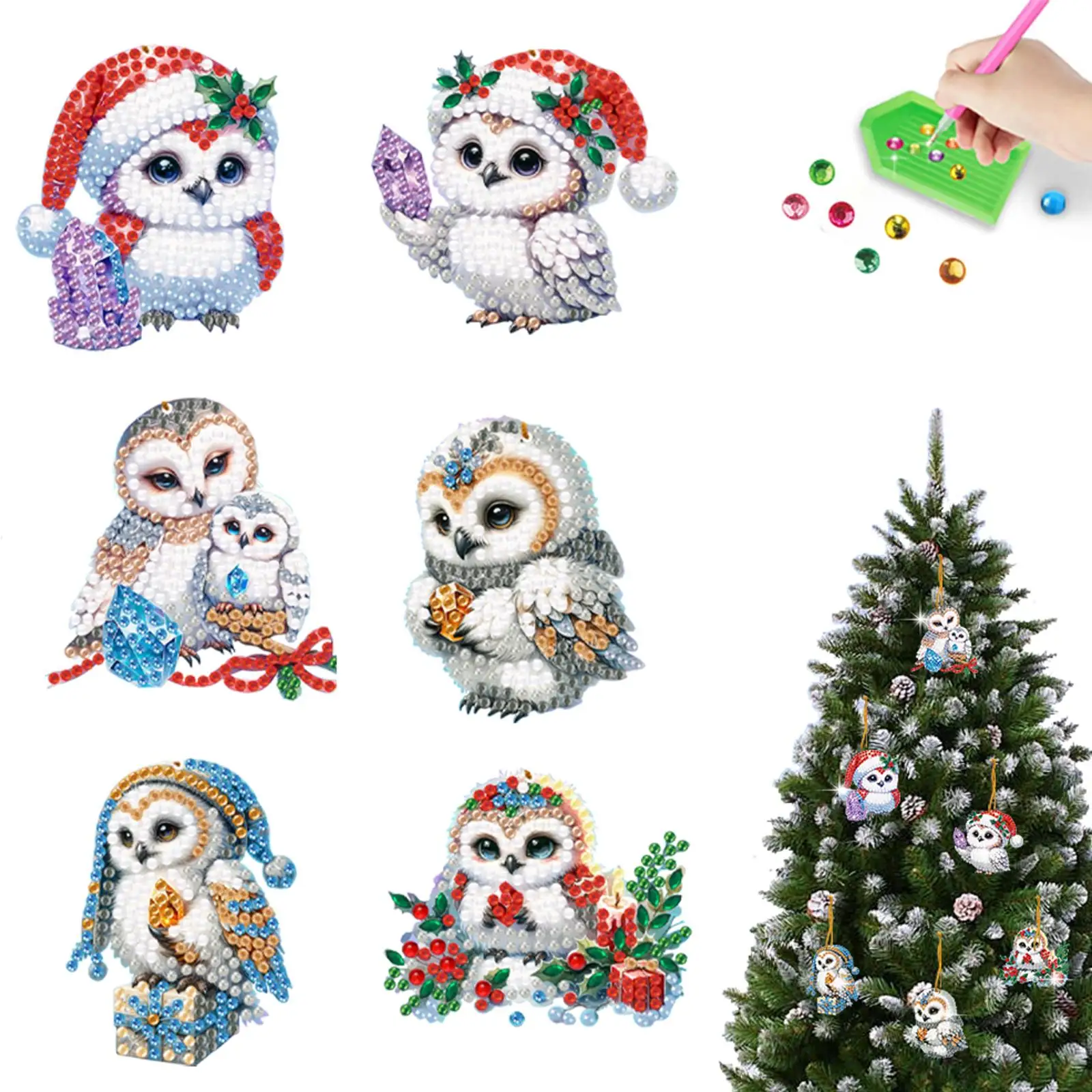 

6pcs Xmas Owl 2D Flat DIY Diamond Painting Art Pendant Wall Door Decoration