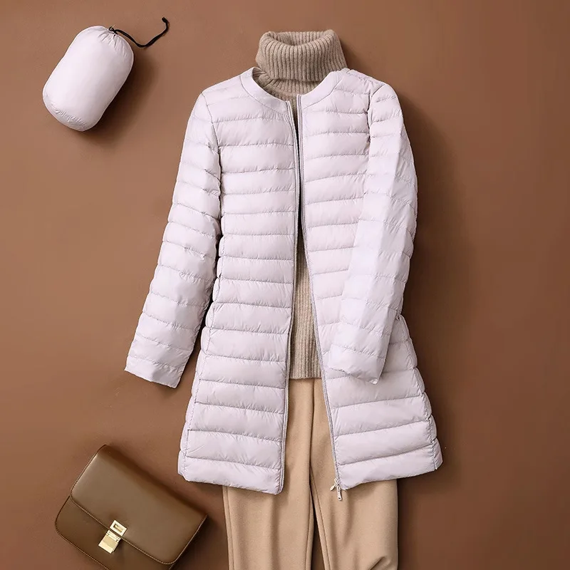 0-10℃ 2024 New Autumn Winter Ultralight Women Long Duck Down Coats Korean Style O-Neck Feather Lining Collarless Puffer Outwear