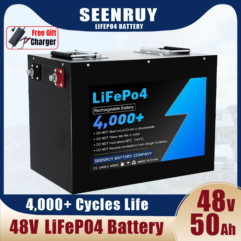 48V 50Ah Lifepo4 Battery Pack Deep Cycles Metal Case Built-in 50A BMS for Golf Cart Solar Energy Storage RV Motorhome +Charger