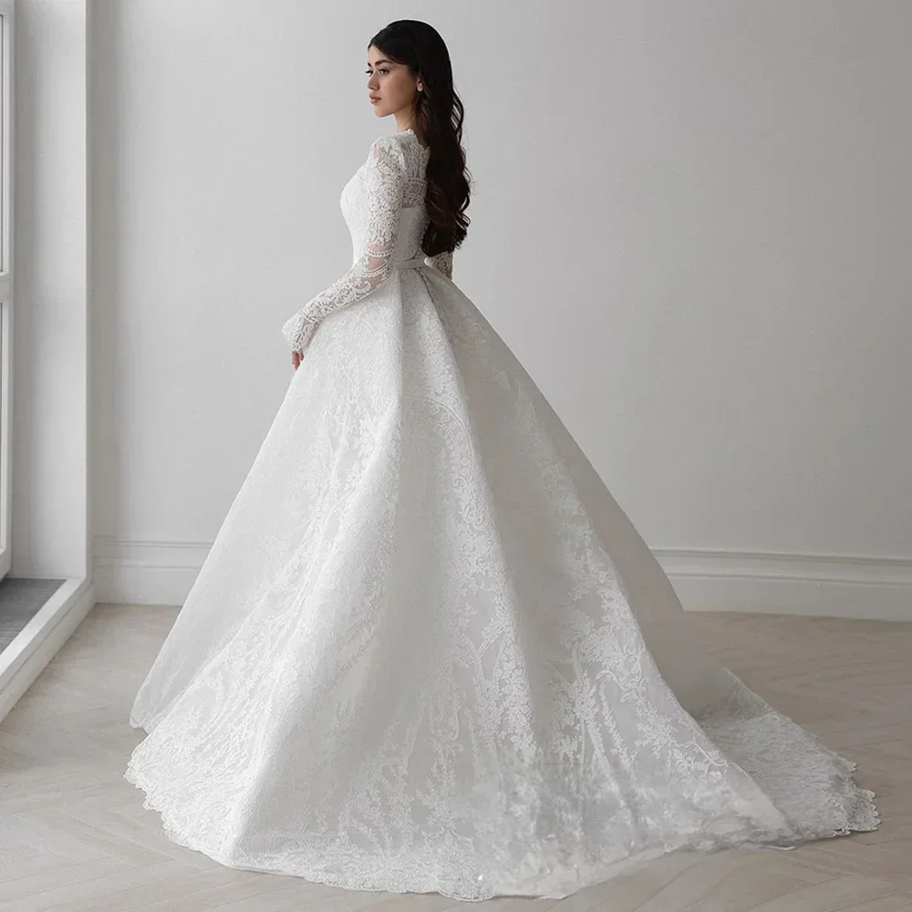 Precioso Vestido De novia De encaje De manga larga para novia, Vestido De novia con cola desmontable y cuello cuadrado, Vestido De novia personalizado