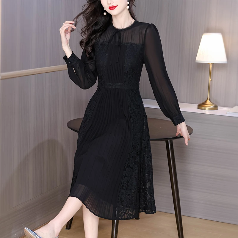 

2026 Spring Luxury Silk Floral Casual Midi Dress Women's Vintage Lace Embroidered Black Dress Summer Holiday Hepburn Vestidos
