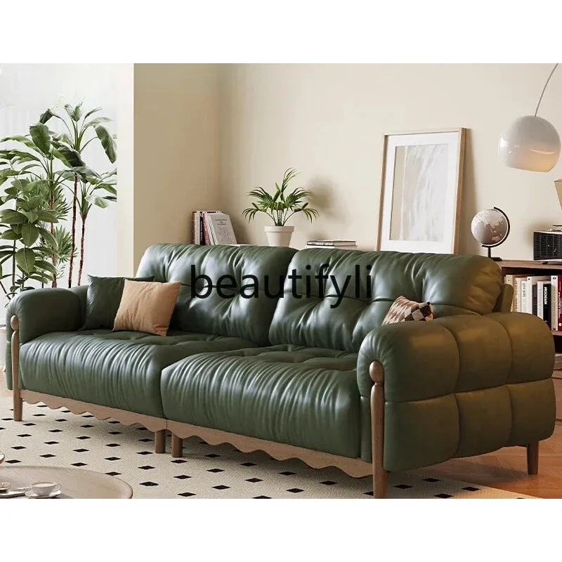 K132 Retro oil wax leather sofa medium antique green sofa three-person cloud leather sofa