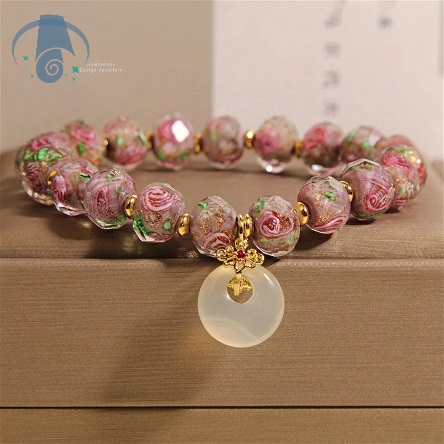 Chinese Style Bracelet Women Glass Bead with Rose and Peace Coin Elegant Liuli Jewelry Gift for Bestie Protection Charm Daily