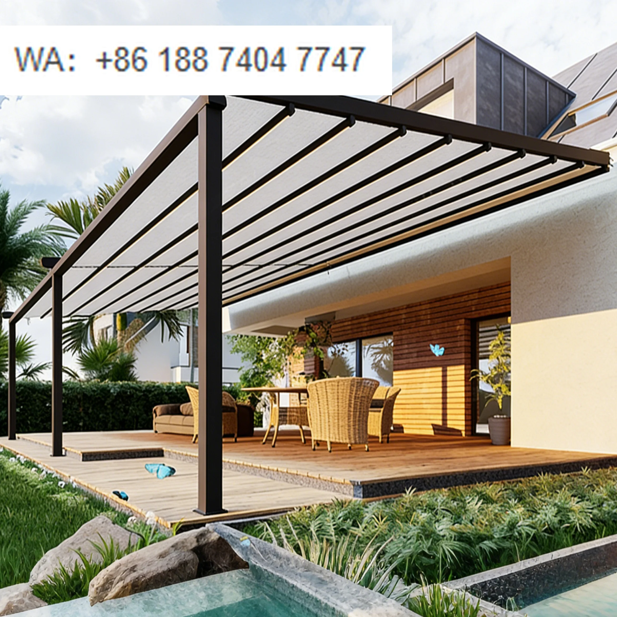 

Усиленная моторизованная выдвижная алюминиевая пергола с водонепроницаемым навесом, сертифицированная CE, с каркасом с порошковым покрытием для балконов и коммерческого использования