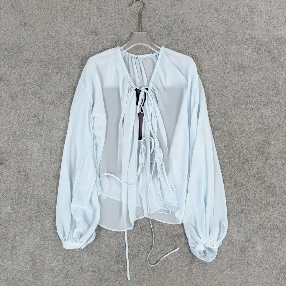 2026 Sheer Chiffon Tie-Front Blouse with Ruched Neckline – Romantic Two-Piece Long Sleeve Top in Ice Blue & Grape Purple
