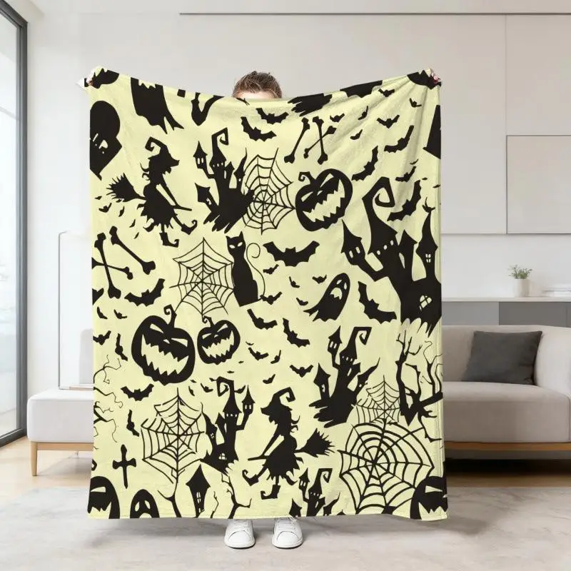 Halloween-Orange-Deckenbezug mit Cartoon-Geister- und Totenkopf-Druck, Flanell-Schlafdecke, Sofabezüge, Multifunktionale Dekorative Decken – Detail 7
