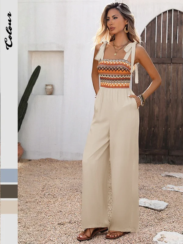 Printed Strap Wide Leg Jumpsuit Pants High Waist Long Pants Street Style Polyester Fiber Summer Collection Chinese Manufacturer
