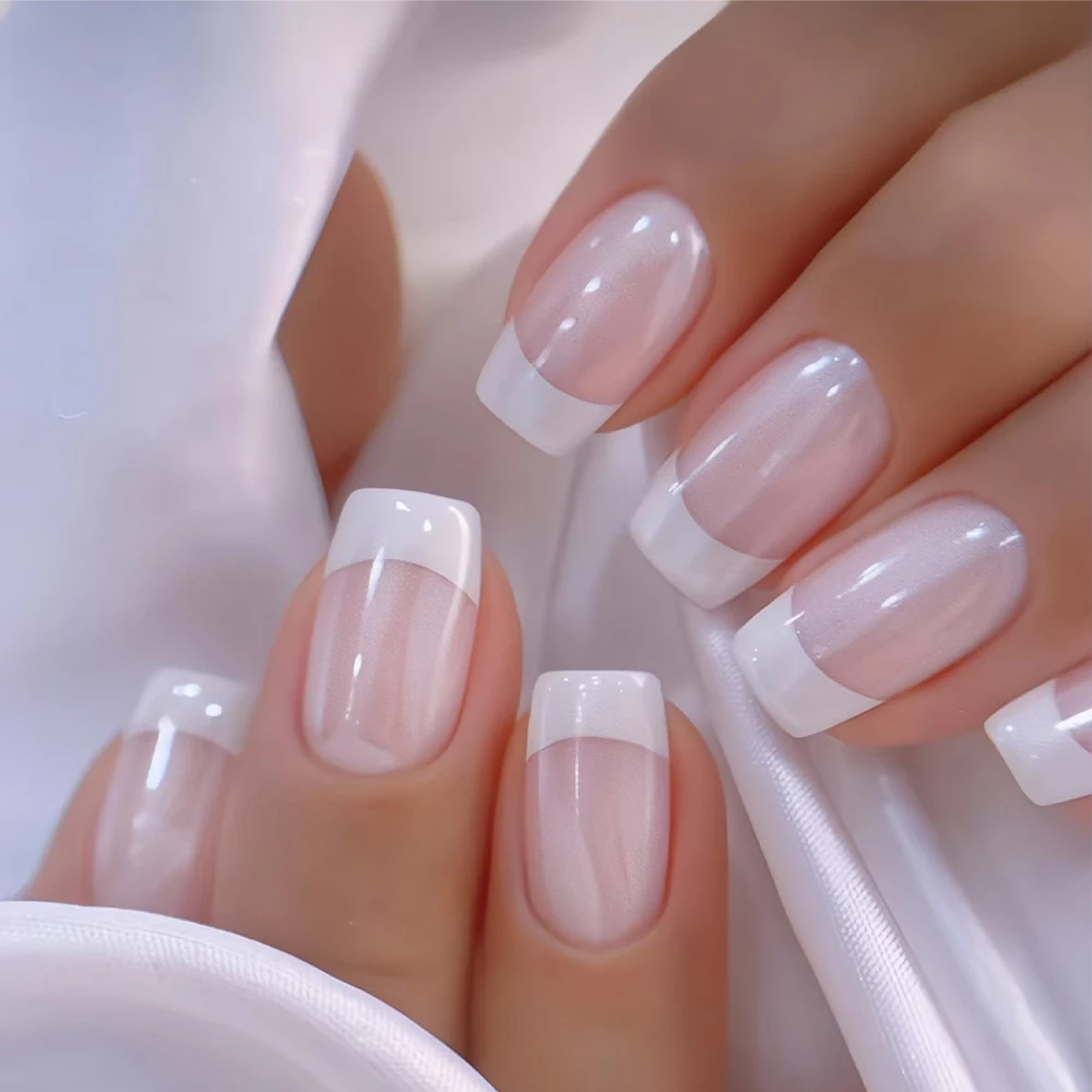 24Pcs Silver Glitter French Acrylic Press on Nails Glossy Short Medium Square Fake Nails Full Cover Artificial False Nails *R48@