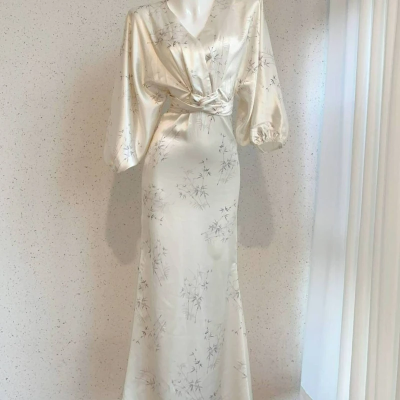

2026 Spring Fashion Waist-cinching Slimming Chinese-style V-neck Printed Lantern Sleeve Dress for Women White Satin Long Dress