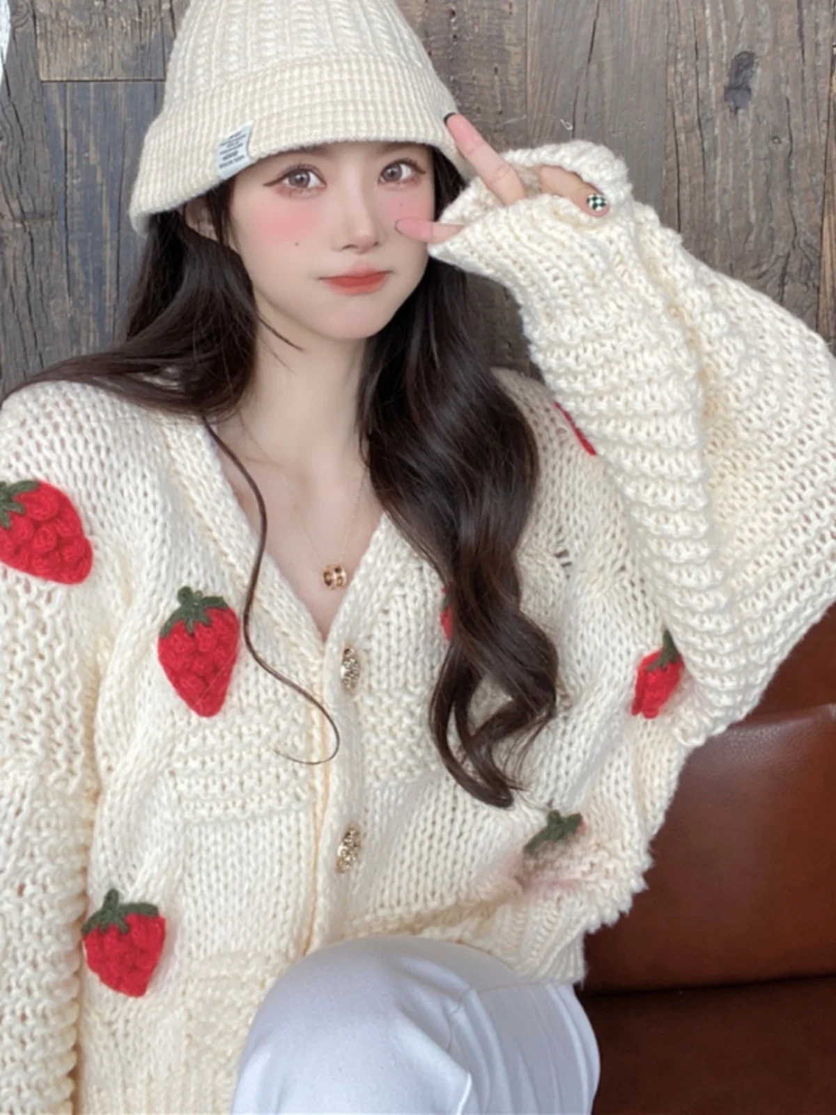 Strawberry Pattern Knitted Open Cardigan Women's Loose Fit Spring Autumn Sweet Style V-Neck Long Sleeve Sweater Jacket