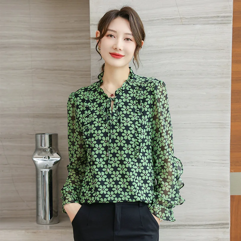 

Spring Summer Floral Print Lantern Long sleeve ruffles Shirt Female Casual Women Lace Up Blouse Ladies Loose All-match Top