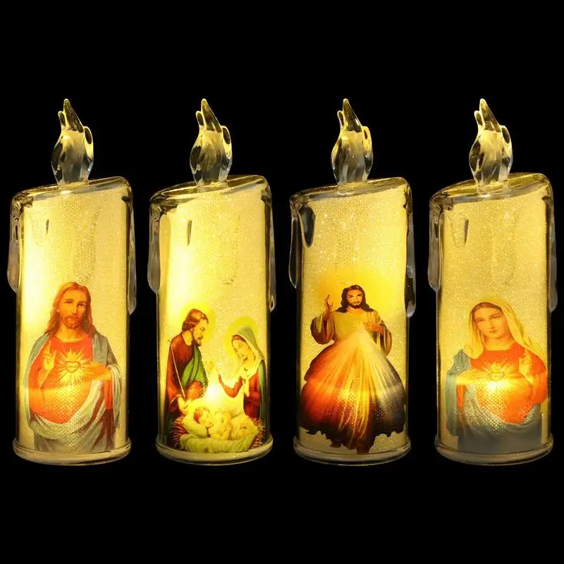 4pcs Jesus Catholic Christian Religious Ceremony Virgin Electronic Flameless LED Religious Candless Light Decoration