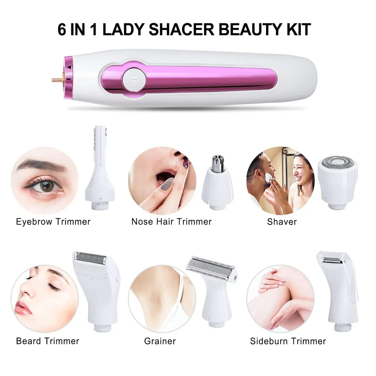 Portable 6 in 1 Electric Razor for Women Shaver Lady Shaver Body Painless Hair Trimmer for Armpit Bikini Arm Leg Face Mustache