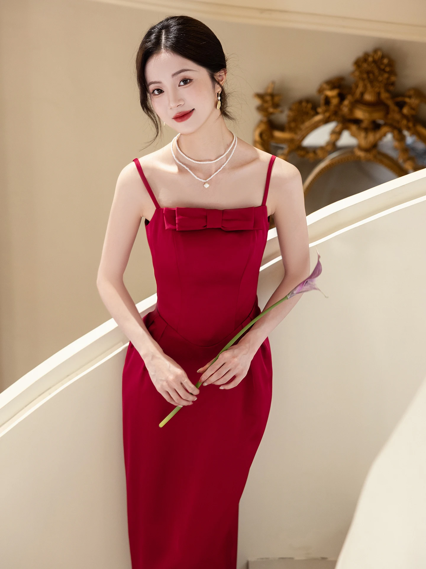 Red Elegant Satin Wedding Dress Women's Beautiful Drinking Ceremony Costume Korean Style mid Waist Long Skirt Formal Gown