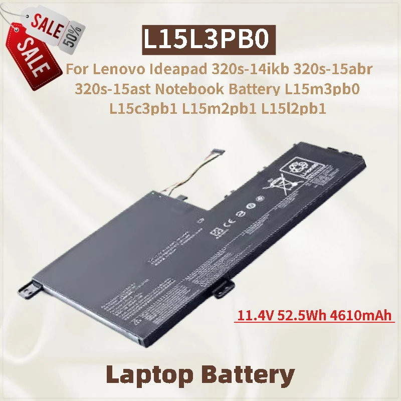 

Laptop Battery L15L3PB0 11.4V 52.5Wh 4610mAh for Lenovo Ideapad 320s-15abr 320s-14ikb 320s-15ast L15m2pb1 L15l2pb1 L15m3pb0