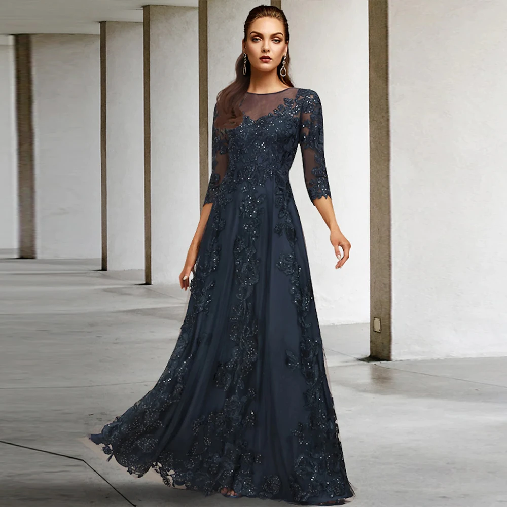 Glitter Navy madre della sposa abiti O collo 3/4 maniche abiti da festa di nozze Appliques paillettes a-line Robe De Soirée Femme